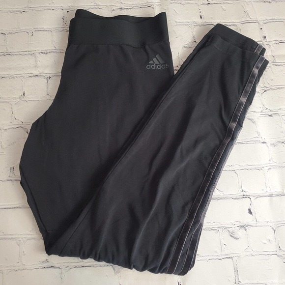 Adidas Large Leggings Black Mid-Rise Yoga Stretch Workout Ankle Logo‎ Athletic - Picture 1 of 7